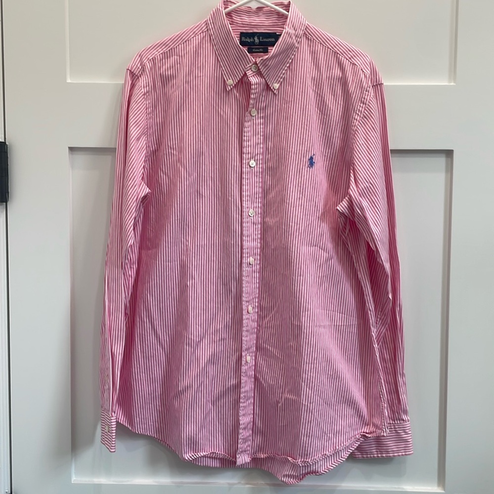 Ralph Lauren Pink and White Striped Mens Button Down Shirt Custom Fit Large